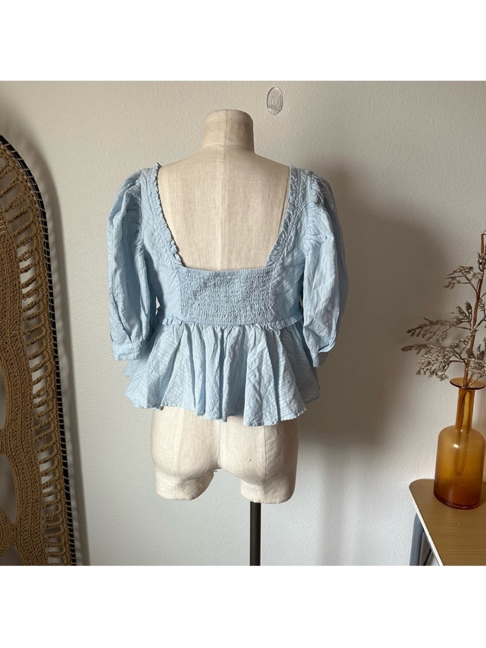 Free People Leave It To Me Babydoll Crop Square Neck Top Blue Tan size Small - Picture 6 of 7
